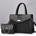 Detail of black woven texture tote bag with matching mini gold chain flap handbag set - Large + Small Bag Set / Black
