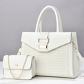Detail of white woven handbag set featuring large tote and mini chain bag with gold hardware - Large + Small Bag Set / White