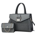 Detail view of dark grey 2-piece handbag set featuring textured weave and gold hardware - Large + Small Bag Set / Gray