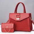 Macro detail of red tote bag set with woven texture and elegant golden metal hardware - Large + Small Bag Set / Red