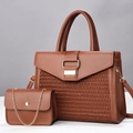 Detail of brown woven faux leather handbag set with gold hardware and small chain bag - Earthy Yellow