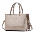 Elegant beige crocodile texture tote bag with gold logo and detachable shoulder strap - Khaki