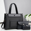 Ensemble de trois sacs cabas noirs en tissu texturé avec boucles en métal doré - Noir