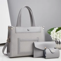 Three-piece gray tote bag set with woven texture, shoulder strap and metal hardware - Gray