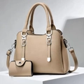 Large khaki tote bag with matching wallet on a geometric stand, grainy leather texture - Khaki