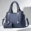 Navy blue faux leather tote bag set with matching small wallet and silver hardware details - Blue