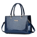 Dark blue crocodile pattern faux leather tote bag with gold logo and top handles - Blue
