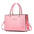 Pink faux leather tote bag with crocodile texture and detachable shoulder strap - Pink