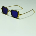 Steampunk small square sunglasses with matte gold metal frames and translucent blue lenses - C13 Gold And Blue