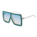 Oversized square sunglasses with light blue gradient lenses and blue rhinestone details - Clear Gray Green Rhinestone Double Blue (C8)
