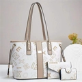 Driedelige set van witte draagtas, enveloptas en kaarthouder met MK MEMOXI-logo prints - 38*32*14cm / Crème en Khaki