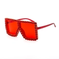 Oversized square sunglasses with red frames and glittering red rhinestones for women - Red (C11)
