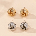 Detailed view of woven love knot stud earrings in gold and silver finish with textured surface - Gold and Silver 2-Piece Set