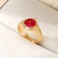 Fashionable gold watch-shaped ring with red dial and textured strap band for women - Burgundy
