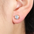 Classic four-prong gold stud earring with a round clear zircon on model's ear - Stud Earrings / 6mm Gold