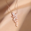Rose gold leaf pendant necklace with marquise-cut cubic zirconia on champagne silk fabric - Rose Gold (FSNP2131B)