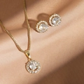 Elegant gold round zircon jewelry set with halo pendant necklace and stud earrings - Gold Set