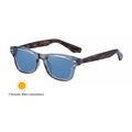 Square photochromic sunglasses with blue lenses and tortoise temples - Translucent Gray to Blue