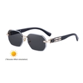 Gafas de sol fotocromáticas octagonales sin montura con detalles de diamantes - Negro Brillante (Patillas Doradas/Gris Claro a Gris)