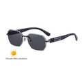 Gafas de sol fotocromáticas cuadradas sin montura con patillas en patrón de mármol - Patillas Florales Negras (Gunmetal/Gris Claro a Gris)
