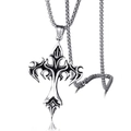 Gothic punk stainless steel cross pendant necklace with silver flame tribal patterns - Flame Cross Style / Silver