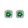 Détail macro de boucles d'oreilles clous émeraude avec halo carré en argent scintillant - Style Émeraude avec Halo Carré (ZPE1766-Vert Émeraude)