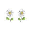 Gros plan détaillé des boucles d'oreilles fleur en zircon jaune, blanc et vert - Style Pétale Multicolore avec Feuille Verte (ZPE1764-Vert)