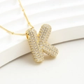Gold bubble letter K necklace featuring full zircon inlay on a beaded gold chain - Pendant Only Small XN-08 (Height 2.2cm) / Letter K (With Chain)
