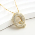 Chunky gold bubble letter Q pendant necklace with paved zircon crystals on a fine chain - Pendant Only Small XN-08 (Height 2.2cm) / Letter Q (With Chain)