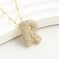 Gold plated bubble letter R necklace with paved cubic zirconia stones for women - Pendant Only Small XN-08 (Height 2.2cm) / Letter R (With Chain)