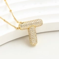 Gold plated bubble letter T pendant necklace with sparkling cubic zirconia pavé setting - Pendant Only Small XN-08 (Height 2.2cm) / Letter T (With Chain)