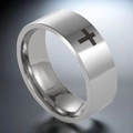 Anello largo in acciaio inossidabile lucido con croce nera incisa per donna - US 5 / Argento