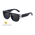 Square black frame photochromic sunglasses with silver metal bar and hollow temples - C2 Glossy Black Silver Frame Photochromic
