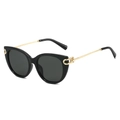 Occhiali da sole cat-eye neri con stanghette in metallo dorato e accenti a U - Montatura Nera Lenti Grigie
