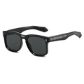 Classic black oversized square sunglasses with engraved metal core and silver rivets - Black Frame Grey Lens