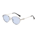 Oval fashion sunglasses with light blue lenses and engraved silver metal frame - Regular / Standard Silver Frame with Blue Lenses