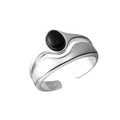 S925 sterling silver open ring featuring a polished oval black stone in a wave design - Minimalist Oval Black Onyx Double-Layer Wave Open Ring (ZPR1062)