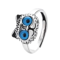 Retro owl open ring with detailed silver feathers and bright blue turquoise eyes - Vintage Engraved Owl Blue Eyes Open Ring (ZPR1076)
