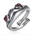 Vintage silver frog ring featuring vibrant red gemstone eyes and adjustable open band - Vintage Frog Shape Ruby Eyes Open Ring (ZPR1078)