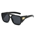 Black oversized square sunglasses with double bridge and gold metal wing accents - Regular / Black Gold Frame Grey Lens