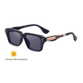 Square black frame sunglasses with deep purple photochromic lenses and gold metal temples - Glossy Black Gold Frame Turn Gray
