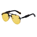 Steampunk randlose Sonnenbrille mit gelben Gläsern und markantem schwarzem Strukturrahmen - Glänzender Schwarzer Rahmen Gelbe Linsen (C8)
