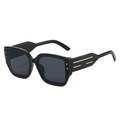 Fashionable oversized square cat-eye sunglasses in glossy black with golden metal accents - Black Frame Grey Lens