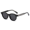 Classic round black sunglasses with premium frame and silver metallic temple details - Black Frame Grey Lens
