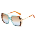 Women's trendy square oversized sunglasses with tortoiseshell frames and gold temples - Blue Leopard Frame Brown Blue Lens