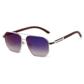 Lunettes aviateur argentées avec verres dégradés violets et branches aspect bois brun - Monture Argent Verres Bleu Gris