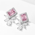 Macro detail of silver studs with pink rectangular zircon and floral marquise accents - White + Pink Platinum Plated (EP5487)
