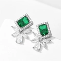 Detail of emerald green rectangular zircon earring with sparkling cluster diamonds - White + Green Platinum Plated (EP5487)