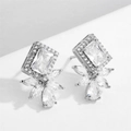 Close-up of geometric square zircon stud earrings with elegant floral drop detail - White Platinum Plated (EP5487)