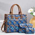 Three-piece printed tote bag set with brown leather handles and adjustable shoulder strap - Blue